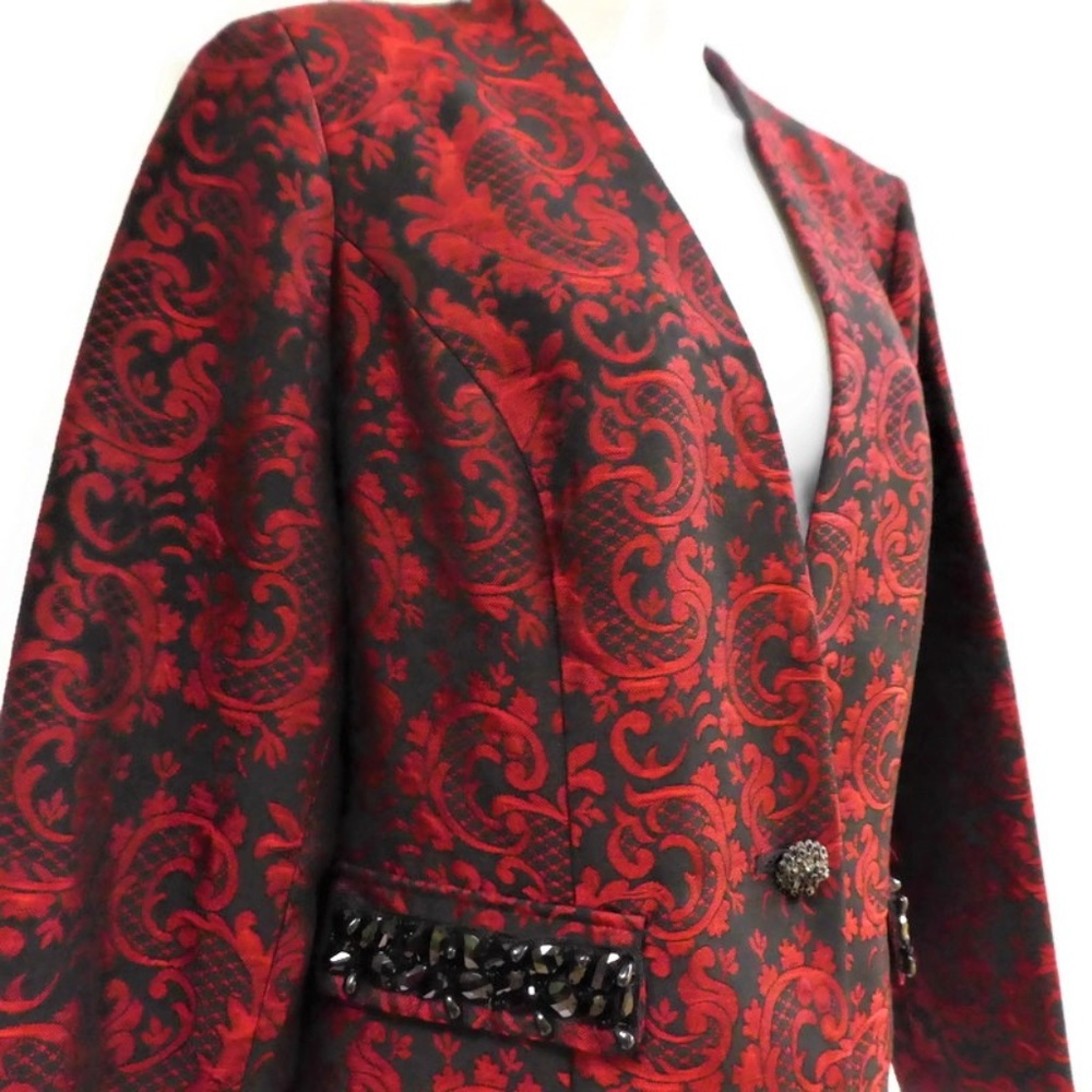 Chicos Blazer Brocade Embellished Beads Crystals Evening Holiday Red Lined 1 M 8